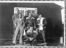 Crew during training, at Smoky Hill Air Base, Salina, Kansas, November 1942.  Rear: Russell F. Doman, Eduard Jean Charlet, unknown.  Middle: Unknown, George P. Sibulski, Thomas L. Grady.  Front (kneeling): Walter Kappel.