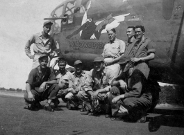 Crew with B-24 "WE'REWOLVES" in the Panagar in 1943, during WWII.  In top image--Standing L-R: Capt. Edward L. McCoy, 1st Lt. Earl A. Rambow, T/Sgt. Russell F. Doman, S/Sgt. Thomas L. Grady. Kneeling L-R: T/Sgt. Roy A. Whistle, 1Lt. Robert L. "Mac" McIntosh, Lt. John Miller, S/Sgt. George P. Sibulski, S/Sgt. Lester V. Bebout.  In bottom image--Standing L-R: S/Sgt. Thomas L. Grady, T/Sgt. Russell F. Doman, S/Sgt. George P. Sibulski, 1st Lt. Earl A. Rambow, T/Sgt. Roy A. Whistle. Kneeling L-R: Lt. John Miller