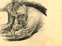 Thomas Grady was a talented and curious young artist while in the CBI, and he drew a number of his observations, often capturing emotions or experiences vividly with his pencil.   "Sgt. Sibulski (gunner), listening to radio on the way home."