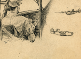 Thomas Grady was a talented and curious young artist while in the CBI, and he drew a number of his observations, often capturing emotions or experiences vividly with his pencil.   "Two-Gun McCoy--Cap't, pilot, at the controls."