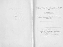 The wartime notebook of S/Sgt. Tom L. Grady, A. A. F, ASN 31108546. In his notebook, as a talented and curious young artist while in the CBI, he recorded scenes and vignettes that he saw in his life. He also recorded names and contact info for the people he met.  Inside the cover he has recorded that the notebook should be sent to a relative "If I appear to be absent." The reality of war.