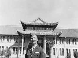 Col. James O. Wade of New York poses at what should be the Southwestern Association University Of Kunming, Yunnan Province, on December 16, 1944.  Photo by Pfc. Thomas F. Melvin.  Passed by censor Emanuel Goldberg.