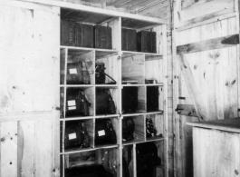 Photographic equipment stored at photo lab at Yangkai, APO 212, during WWII, likely in 1945.