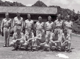 12th ASG Staff in China circa 1944-1945.  Standing (l-r): J. Pesek, Ed Sorden, R. Koshland, A. Binsfield, McMullen, V. Child, W. Moore.  Kneeling (l-r): Jim Webster, Lou Billings, F. Mulcahy, H. Deppe, J. McDivitt.