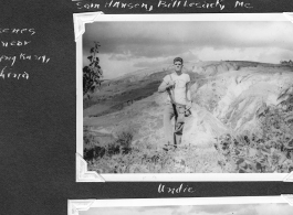 GIs exploring, carbines in hand, in the countryside near Chenggong air base, Yunnan, China. During WWII.  Sam Hansen, Bill Lesak, Vern Martin.