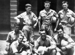 American flyers in Karachi, August, 1944.  Rear, l-r: Upchurch (this should be Lt. Robert "Hoyle" Upchurch, MIA), Stanley Mamlock, Moad (this should be 1st Lt. Van N. Moad, MIA).  Front, l-r: Cancellor, Kirschbaum, Prince, Bell.