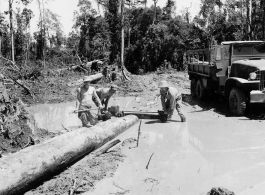 GIs cutting bucking downed trees in Burma for lumber mill.  During WWII.  797th Engineer Forestry Company.