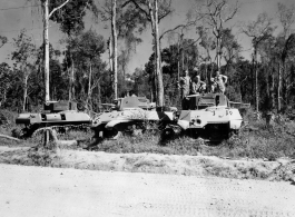 Ruined American tanks along Burma Road.  797th Engineer Forestry Company in Burma.  During WWII.