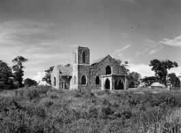 A church in Burma built with round river stones.  In Burma near the 797th Engineer Forestry Company.  During WWII.