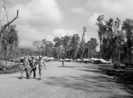 Republic P-47 Thunderbolts at an airstrip in Burma in 1944.  Aircraft in Burma near the 797th Engineer Forestry Company.  During WWII.