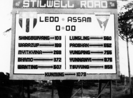 Stilwell Road sign in Burma, showing various distances, WWII.