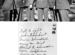 Men of the 2005th Ordnance Maintenance Company,  28th Air Depot Group, in training in the Us, showing U.S. Army Air Forces insignia, but no CBI insignia, and no sergeants stripes (left to right):  John F. Schuhart  Irwin Schneckloth  Henry M. Geist  Edmond R. Schumacher  Vern Salzburnn  Irwin W. Hayden