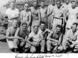 2005th Ordnance Maintenance Co. GIs with Anti-Aircraft gun--which them maintained as a part of their role in ordnance maintenance.  "Irwin Schneckloth, James M. Cahill, George Rahn."