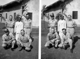 Men of the 2005th Ordnance Maintenance Company,  28th Air Depot Group, possibly in Barrackpore, India, pose with local man, possibly their barracks attendant.