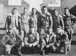 Crew of B-24 bomber of the 9th Bombardment Squadron, 7th Bombardment Group, 10th Air Force, pose with their B-24 bomber during WWII.  Back row L-R: S/Sgt. Martin H. McGuffin (Gunner), S/Sgt. Thomas Carroll (Gunner), S/Sgt. Leonard J. Lueken (Radar Operator), S/Sgt. Harry Russell (gunner), S/Sgt. Stanley Berman (Engineer), S/Sgt. Wayne Shirley (Gunner)  Front L-R: Lt. Virgil L. Poston (Pilot), 2nd Lt. Stanley Wasserman (Copilot), 2nd Lt. Walter L. Wegner (Navigator), 2nd Lt. Thurzal Q. Terry (Bombardier)