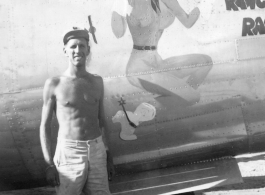 Flyer Walter Wegner poses with B-25J-185-CO bomber "Rangoon Rangler," serial #44-40857. 10th Air Force, 7th Bombardment Group, 9th Bombardment Squadron. The starboard side of the aircraft has "Cactus Kid" artwork.  During WWII.