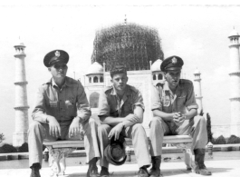 Air Force flyers visit the Taj Mahal.  Dave Hayward, Hawkins, Dunham, and Richmond.  22nd Bombardment Squadron, in the CBI.