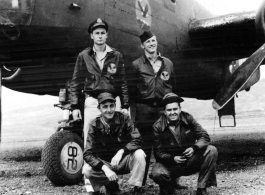 Flyers with their B-25 at Chakulia, India, in 1943.  Rear: Dave Hayward, Tony Mercep.  Front: George Scearce, Wilber Pritt.  22nd Bombardment Squadron, in the CBI.