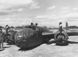 "My first crash landing. In China, February 3, 1944. Major Weatherly, pilot. Probably at Kunming.  Wrecked B-25 MItchell.  22nd Bombardment Squadron, in the CBI.