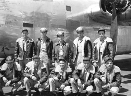 Flight crew #5308 at Will Rogers Field, Oklahoma, with F-7A/B-24 "Pvt. Peggy-I," serial #42-40433 at the end of stateside training before being sent overseas. 24th Combat Mapping Squadron, 8th Photo Reconnaissance Group, 10th Air Force.  Back: Sgt. William L. Ferrington, 2nd Lt. Thurston P. Hooper, 2nd Lt. William J. Rumler, 2nd Lt. Gordon T. Howes, Sgt. Jerry F. Perelli  Front: Cpl. Edwin F. Maske, Cpl. John T. Swick, Cpl. John F. Doyle, Cpl. John G. Wolfshorndl, Pvt. Ernest D. Jones