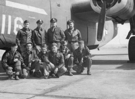 The crew of B-24 during training stateside. Crew members that mission were  Top row, left to right:  2nd Lt. William Staskiewicz (bombardier) 2nd Lt. William U. DuMond (navigator) 2nd Lt. John P. Burkett (pilot) 2nd Lt. Wallace I. Ackerman (copilot) Top row, left to right:  Cpl. Normal P. Reuter (asst. radio op) S/Sgt. Claude L. Crosby (ass't. engineer) S/Sgt. Herbert W. Robbs (engineer) Cpl. Leroy P. Miller (gunner) Cpl. Vern S. Bergh (gunner) S/Sgt. Boleslaw A. Skurnowicz (radio op)