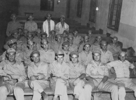 Rosh Hashanna services in Kunming, China, during 1943, during WWII.  Ned Levey is sitting in the last seated row, 2nd from right.