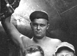 Arnold Wall was a member of 330th Troop Carrier, 9th CC, in the CBI during WWII. Here he poses with the engine of a C-47 transport airplane as part of an engine change crew. After his time of service during the war, Sergeant Wall returned home and became a successful fine watch repairman, running a business from his home, despite facing his own personal struggles. He passed away in 1963.  Engine Change Crew photo,   From the collection of Arnold Wall. (Much appreciation to son D. W.)