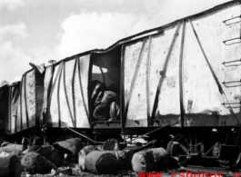 An American fuel train after bombing by Japanese bombers of September 27, 1944 during 45 minute air raid.