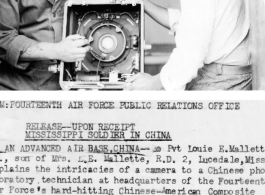 Pvt. Louie E. Mallette Jr., son of Mrs. L.E. Mallette, R.D. 2, Lucedale, Miss., explains the intricacies of a camera to a Chinese photo laboratory technician at headquarters of the Fourteenth Air Force's hard-hitting Chinese-American Composite Wing. 