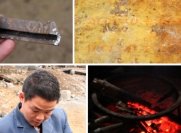 Images from January 14, 2008 visit to a WWII US crash site at Bamo township, in Tian'e county, Guangxi province.     A few items from the crashed plane that remain in the village.   A young man helps clean up a large brass ring, in the hopes of finding writing or a part number.  The aluminum skin is labeled "ALCLAD 24S-T".   The "AA" maglite is included for scale.