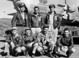 Aircrew members of the 491st Bomb Squadron pose for photo with the "Wabash Cannonball", a B-25H, at Yankgkai, Airbase, China, circa 1944.  Left to right; front row - S/Sgt Walter S. Faulkner (engineer-gunner), T/Sgt Ramond L. Koenig (radio), T/Sgt Kenneth E. Norris (radio), S/Sgt Leo J. Flanagan (armorer); rear - Capt. Paul L. Ley (pilot), Capt Frank O. Cullen (pilot), Lt. Howard R. Edelman (bombardier)  (Information courtesy of Tony Strotman)