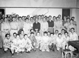 Personnel of  the 491st Bomb Squadron pose for a photo in the mess hall at Yangkai, China, in Oct 1944.  They were attending a 'farewell celebration' .  All of them had been in  the CBI  theater for  on/about  two  years and  were soon to return to the USA.  (Information from William Devries, deceased, provided by Tony Strotman)