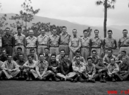 Group photo of 491st Bomb Squadron maintenance and support personnel in early October 1944. This group had received notification they were being sent back to the USA after two years in the CBI theater. Photo was taken  on 'Red Dust Hill', the hostel area of Yangkai Air Base, Yunnan province.  Capt. William DeVries, Engineering Officer, is in the back row, sixth from the right. Other men await identification.  (Information from William Devries, deceased; provided by Tony Strotman)