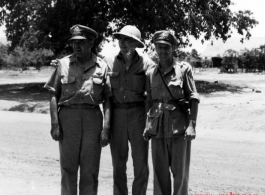 Brigadier General Caleb V. Haynes (left) and Colonel Torgils G. Wold (right) pose with Eddie Rickenbacker during his visit to the CBI theater. 