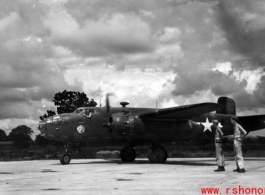 An American B-25D, #41-30387, at Yangkai, Yunnan province, in the CBI, with propellers turning.