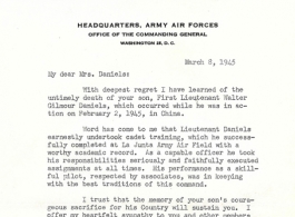 Government letter to the family of Walter G. Daniels regarding his loss in China during WWII.
