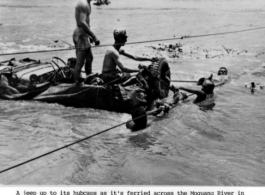 GIs float a jeep--wrapped in canvas to give it buoyancy--across the Moguang River in Burma, June 20, 1944.  Photo from Robert L. Cowan. An identical image was submitted by Raimon B. Cary.