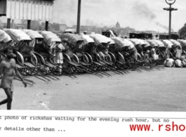 Rickshaws lined up awaiting evening trade in India or Burma during WWII.  Photo from A. Frank Bond.