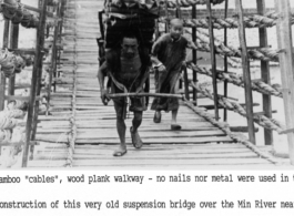 All bamboo "cables" and wood walkway suspension bridge over Min River, Guan county (Guanxian/Kwan Hsien), China, near the US Army rest camp.  Photo from Hampton Henton.