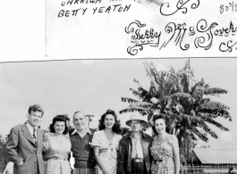 USO group at Chabua, India, 1333rd AAF Base Unit. Left to right:Jimmy Dodd, Ruth Dennis, Pat O'Brien, Jinx Falkenburg, Harry Brown, and Betty Yeaton.  Photo from Jerry McGovern.