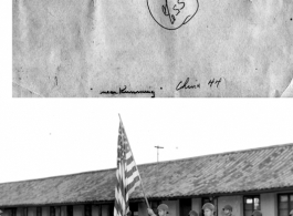 Purple Heart awarding ceremony. Squadron color guard in front of recipients of Purple Heart in the rear. Squadron CO, Major Bundy at left. At HQ compound for 14th Air Force.  Near Kunming, China, in 1944. In the CBI. 