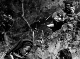 Medic vaccinates Lisu tribe woman against plague on Burma Road.  Photo by Sgt. Onedil (??), photo submitted by Syd Greenberg.