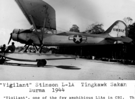 "Vigilant" Stinson L-1A, tail number #118912, at Tingkawk Sakan, Burma, 1944.  Photo from Kenneth M. Sumney.