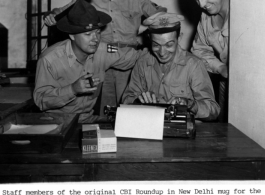 Original staff of CBI Roundup mug for camera in New Delhi during WWII.  Standing, left to right: Stg. Heenan, Sgt. McDowell. Sitting: Major Walter, and Sgt. Clark.