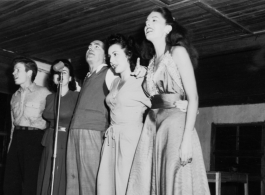 "The 86th USO performance." Taking a bow are future Moueskateer Jimmy Dodd, along with Pat O'Brien (center), Betty Yeaton, and Jinks Falkenburg,