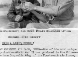 American and Chinese members of the CACW share a cigarette. Here Lt. Ralph E. Linhorst shares cigarette before they leave for mission.