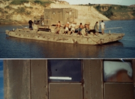 A truck and GIs cross a river by barge in China during WWII.   Photo from Dale Flander.