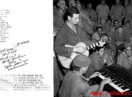 13th Evacuation Hospital medical hospital medics, in Burma, play music on instruments provided by Special Services. During WWII.