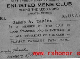 315th Troop Carrier Squadron enlisted men's club card for James A. Taylor, 10th Air Force.