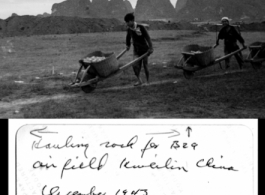 Chinese workers move rock for a B-29 air field at Guilin (Kweilin) China, December 1943.  Photo from W. J. Peterkin.